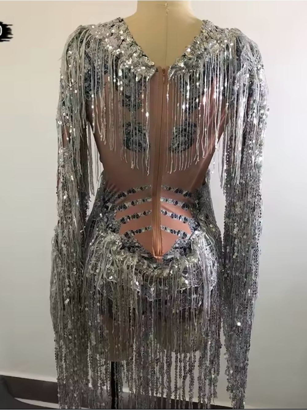 Silver Sequin Fringe V-Neck Statement bodysuit - Picture 2 of 2